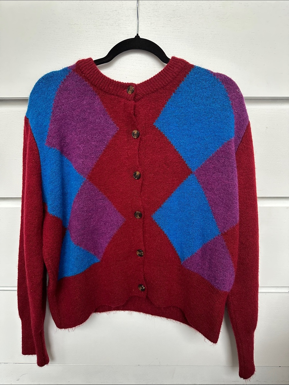 Zara Red Cardigan with Blue & Purple Argyle Panels